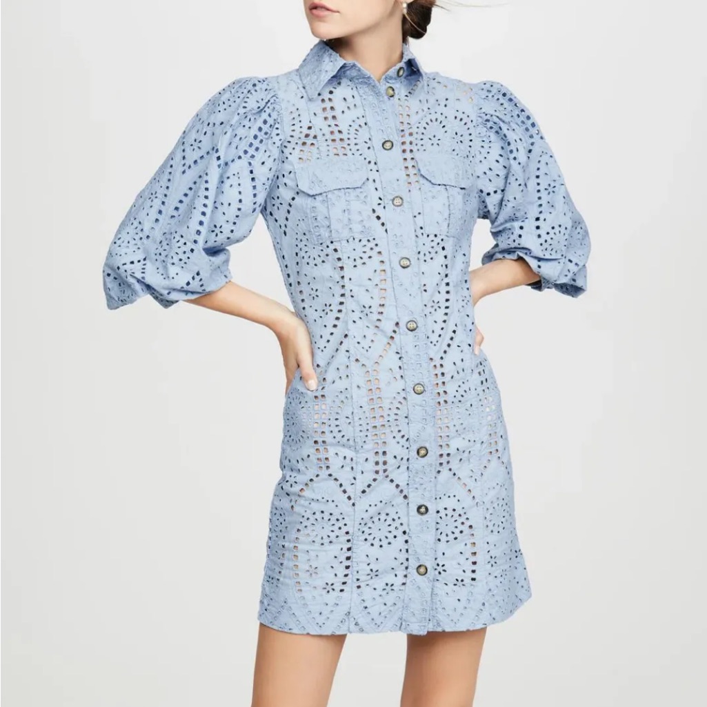 Ganni Womenâs Blue Balloon-Sleeve Broderie Anglaise Mini Shirt Dress 100% Cotton